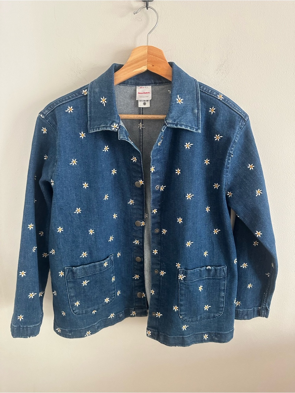 Hannah Andersson denim chore jacket floral daisy embroidery size 12
